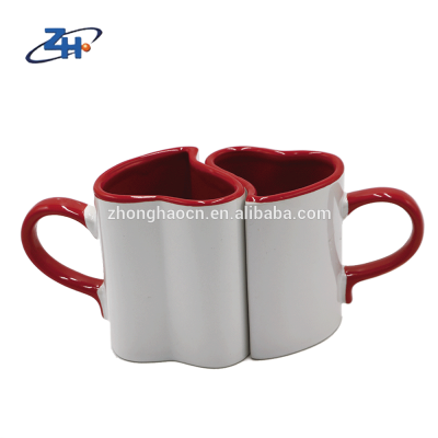 Innovative fashion heart shaped ceramic couple mugs with color glazed handle