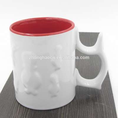 zibo huantai zhonghao customized pure white plain special handle ceramic embossed mug