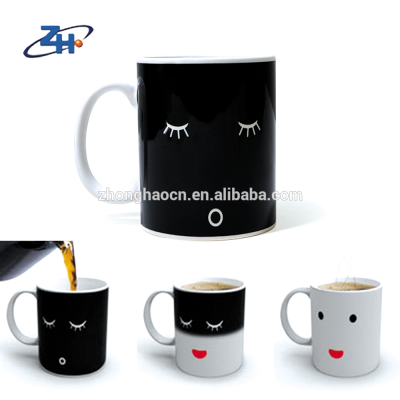 Heat sensitive color changing drinkware ceramic coffee tea mug with black to white