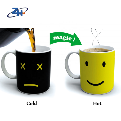 Hot sale yellow monday smiley X face heat changing hot reactive coffee tea mugs