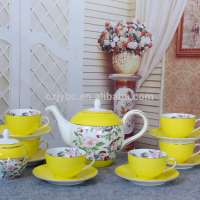 New style Fine Bone China Gold rim painted Coffee Sets yellow flower decal ceramic tea sets