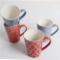 500ml custom pattern debossed flower red blue ceramic coffee mug W0692